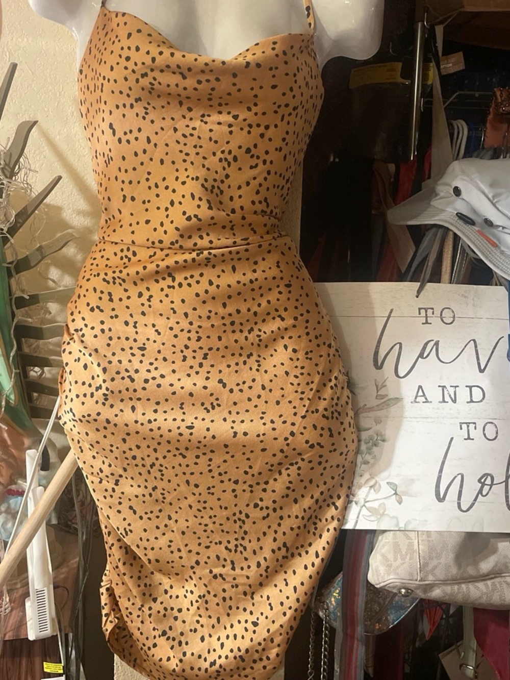 Fashion Nova Mustard Satin Slip Dress with Black Spot Print